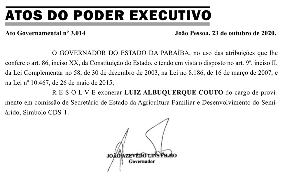 Governador da PB exonera Luiz Couto da Secretaria de Agricultura Familiar e Desenvolvimento do Semiárido