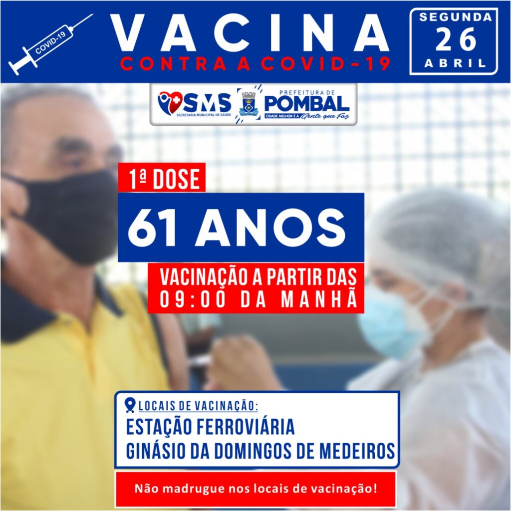 Secretaria de Saúde de Pombal divulga cronograma de vacinação para pessoas com 61 anos