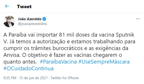Paraíba anuncia compra de 81 mil doses da Sputnik V, vacina russa contra Covid-19