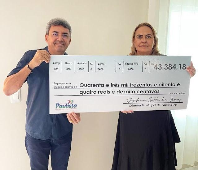 Câmara de Paulista/PB devolve mais de 40 mil em recursos financeiros ao Poder Executivo