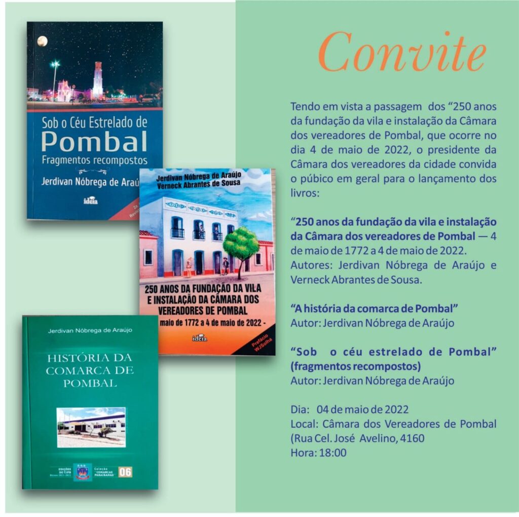 Câmara Municipal de Pombal, celebra nesta quarta (04/05), 250 anos de instalação; Solenidade contará com lançamento de livros