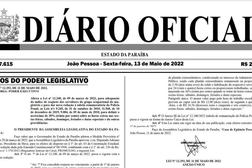 Reajustes para o Magistério e saúde da Paraíba são promulgados e publicados no Diário Oficial