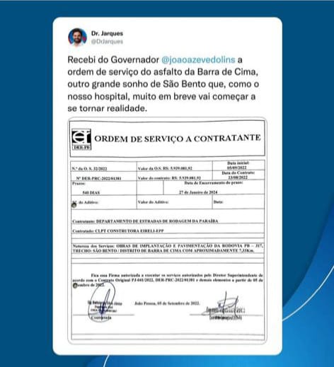 Prefeito Jarques Lúcio recebe do governo do estado ordem de serviço autorizando empresa que fará obra do asfalto do Distrito de Barra de Cima
