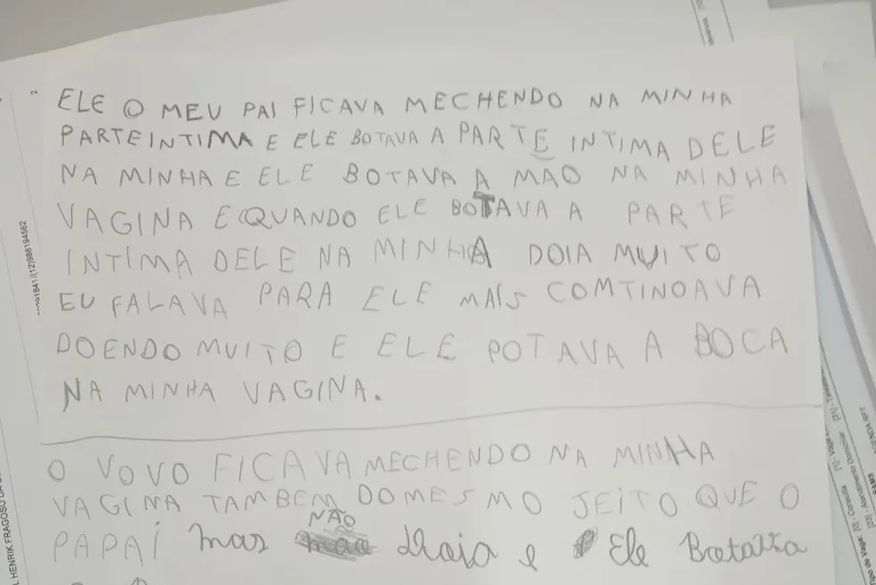Em carta, criança de 9 anos relata ter sido estuprada pelo pai e avô: ‘Doía muito, mas ele continuava’