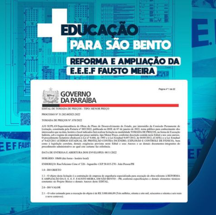 Governo do Estado realiza licitação para reforma e ampliação de escola em São Bento