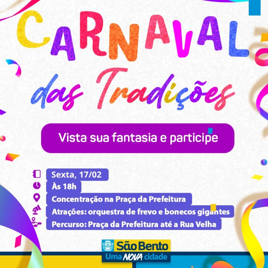 Prefeitura Municipal de São Bento promove Carnaval das Tradições com orquestra de frevo e bonecos gigantes