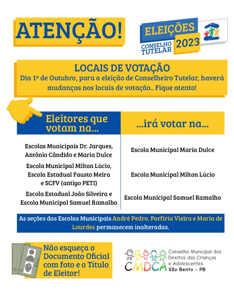 CMDCA de São Bento divulga locais de votação para o Processo de Escolha dos Membros do Conselho Tutelar do município