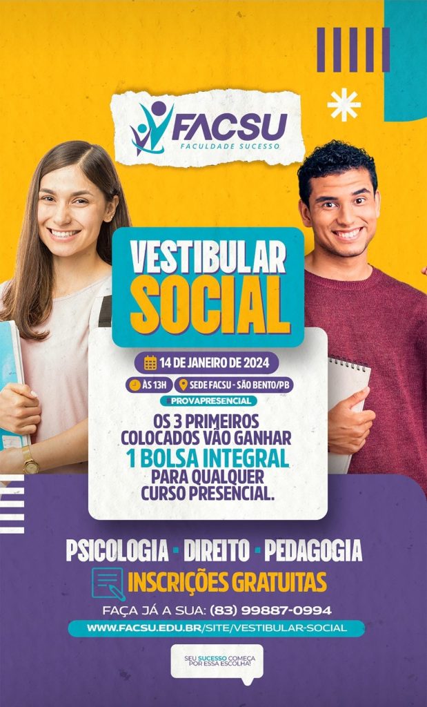 VESTIBULAR SOCIAL 2024 DA FACSU IRÁ OFERTAR TRÊS BOLSAS INTEGRAIS PARA CURSOS PRESENCIAIS DA ENTIDADE