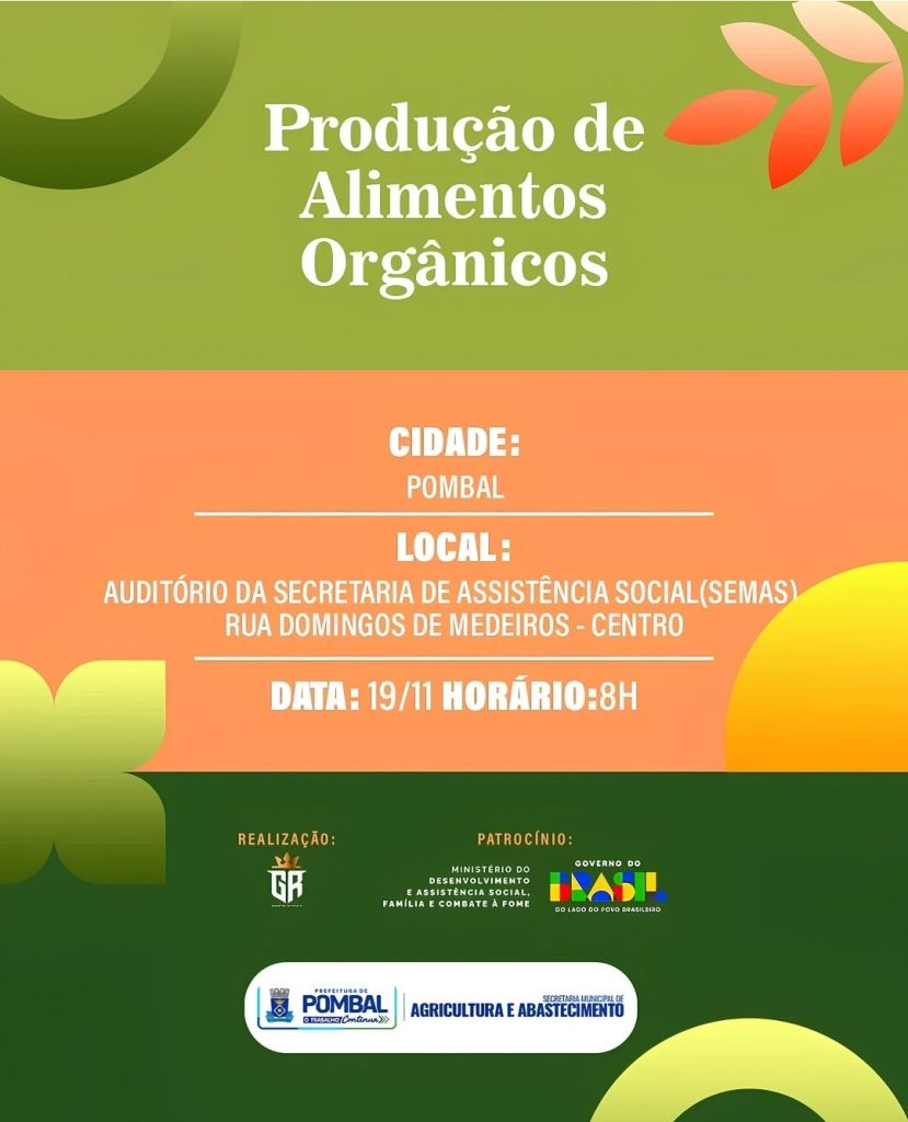 Pombal sedia evento sobre Produção de Alimentos Orgânicos no dia 19 de novembro