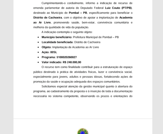 Luiz Couto destina emenda parlamentar de R$ 248 mil para academia ao ar livre no distrito de Cachoeira, em Pombal