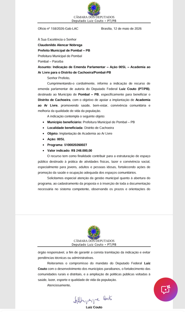Luiz Couto destina emenda parlamentar de R$ 248 mil para academia ao ar livre no distrito de Cachoeira, em Pombal