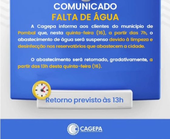 Cagepa suspenderá abastecimento de água em Pombal nesta quinta-feira