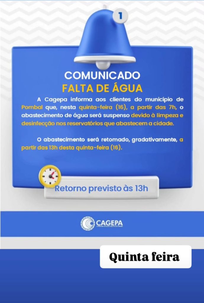 Cagepa suspenderá abastecimento de água em Pombal nesta quinta-feira